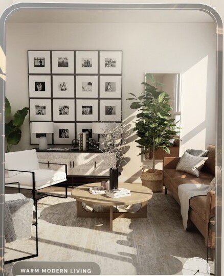Warm modern living room with framed art and natural light